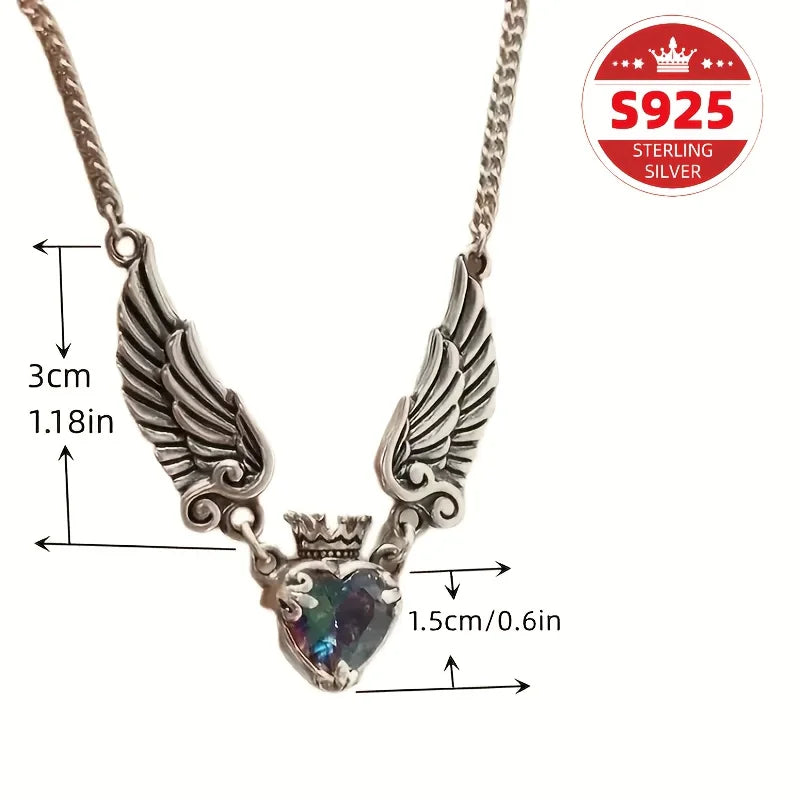 Beautiful S925 sterling silver retro old love crown wing necklace