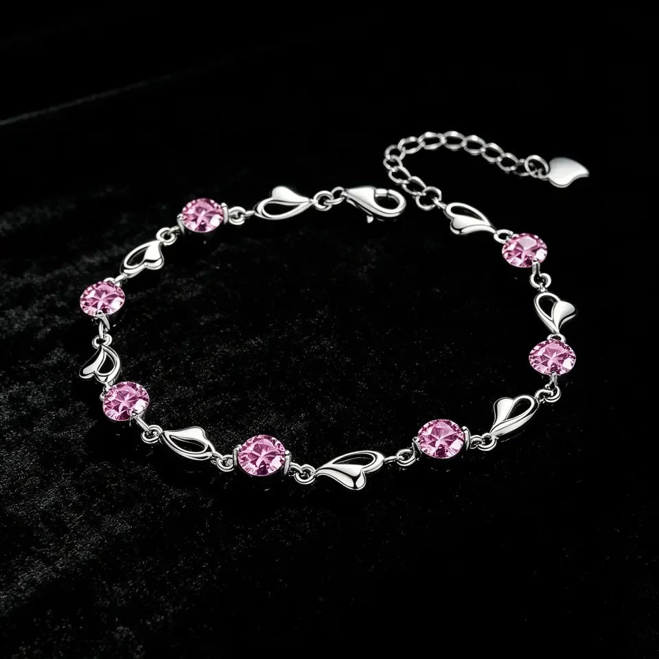 Beautiful 925 Sterling Silver Heart Shaped Bracelet For Women vintage style Pink Moissanite