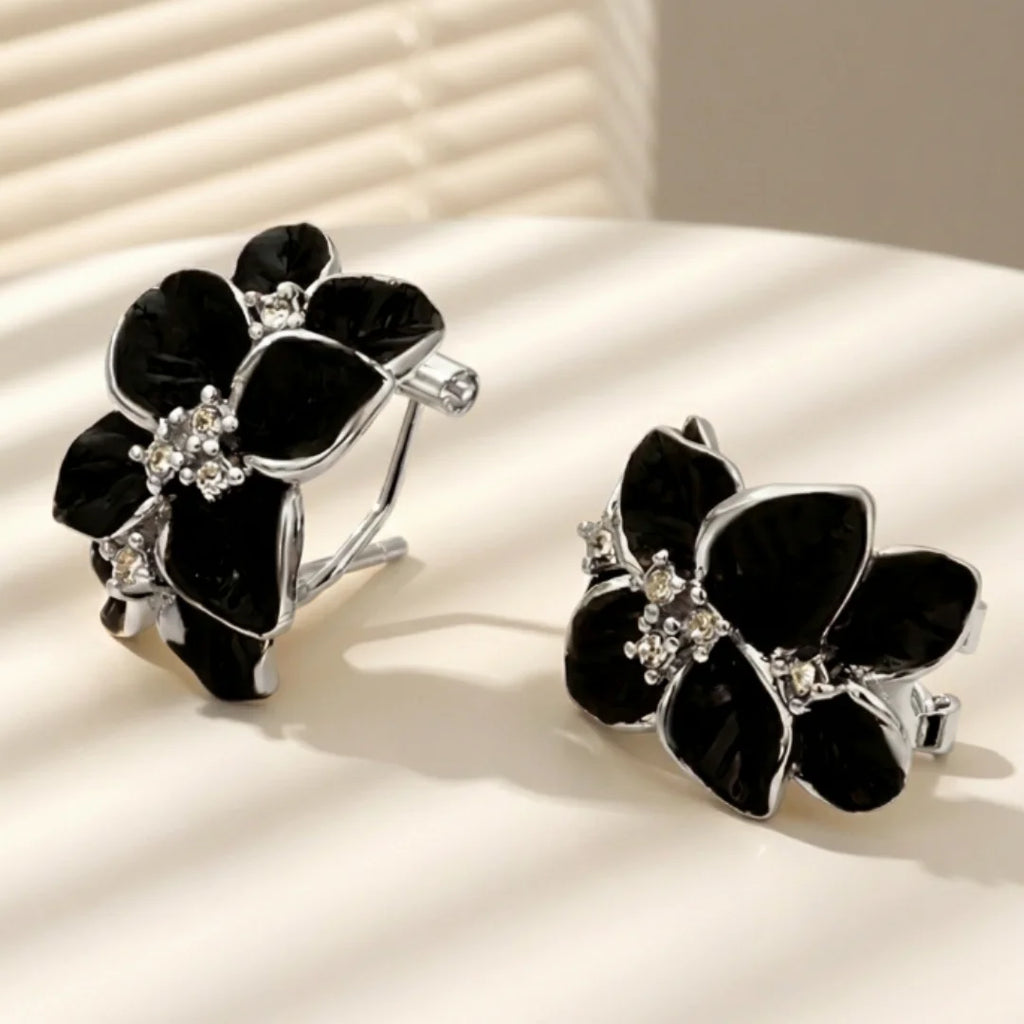 Real 925 Sterling Silver Black Vintage Enamel Flower Earrings CZ French Clip