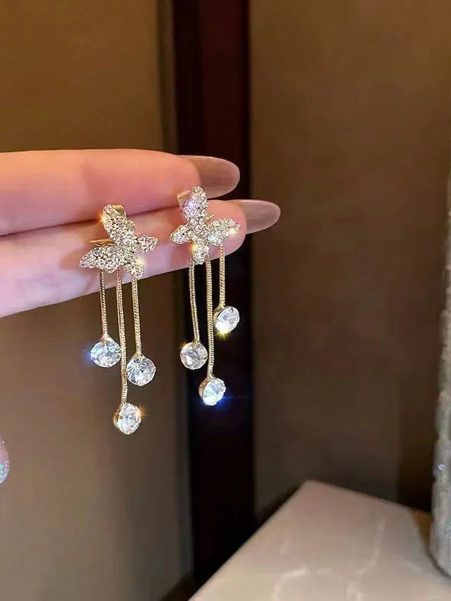 Sparkly Butterfly Drop Earrings With Crystal Tassels For Women