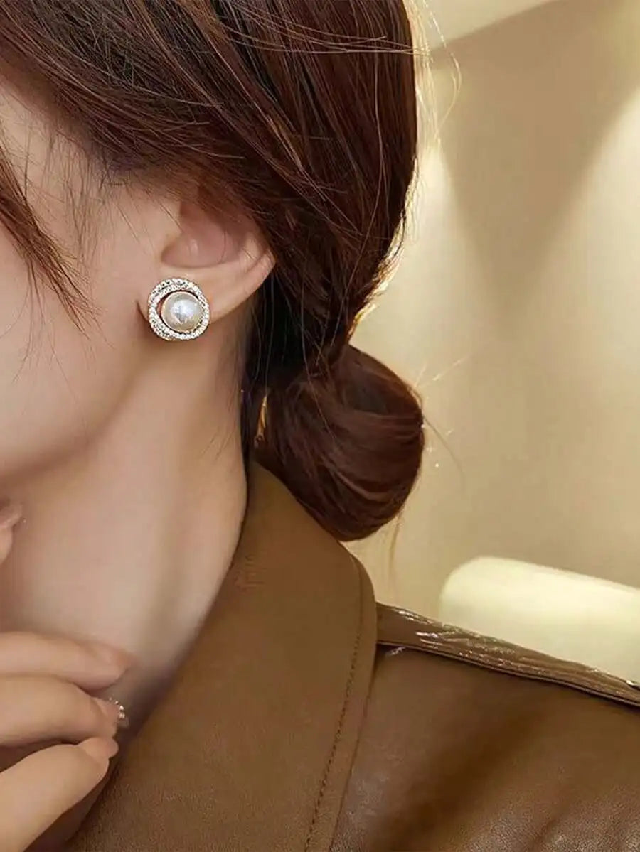 1 Pair Fashion Faux Pearl Earrings, Women's Platinum Flower Earrings, Crystal Jewelry