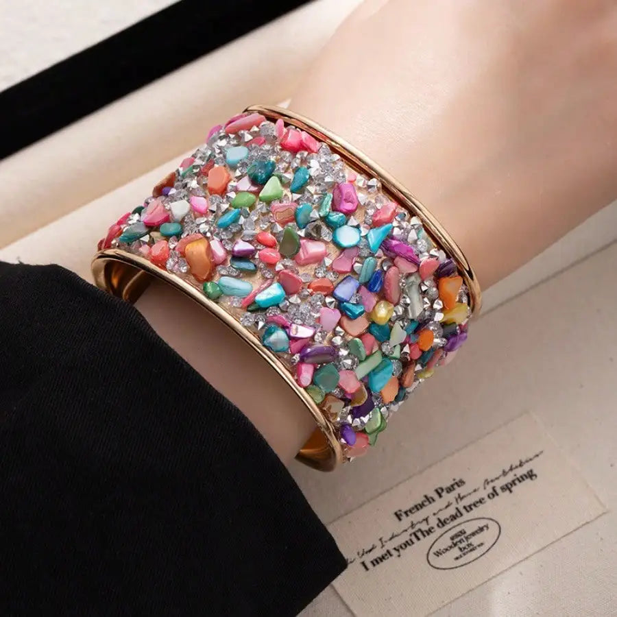 Colorful Crushed Stone Wide Open Bangle, Sparkling Diamond Inlaid Bracelet, High-end Cool Arm Cuff Jewelry