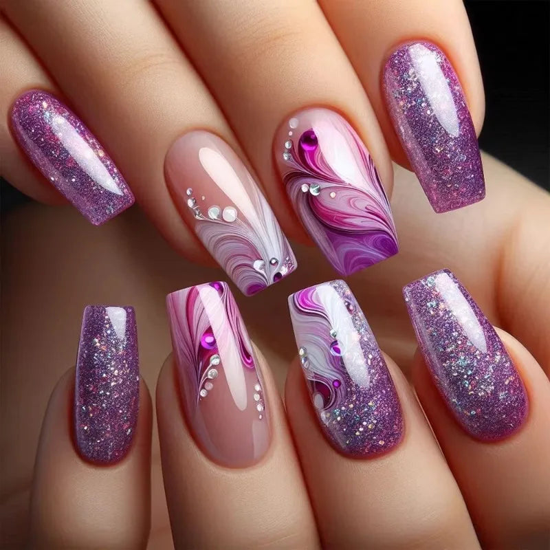 24pcs Press on Nails Flower Design Mid-length Ballet False Nail