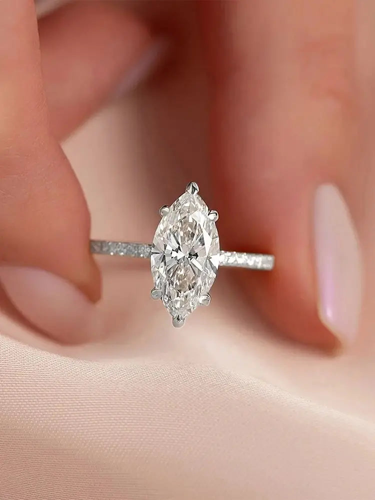 Beautiful 925 Sterling Silver Simple Classic Marquise Zircon Ring For Women