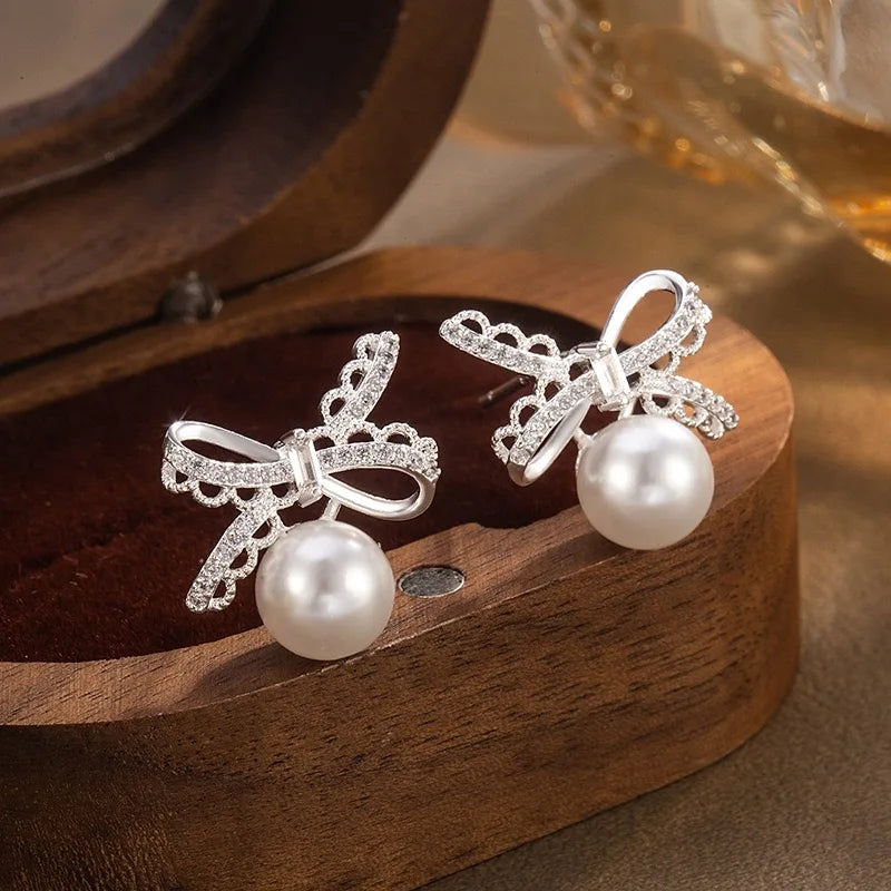 Cute Girl Fashion Trendy Lace Bow Pearl Earrings