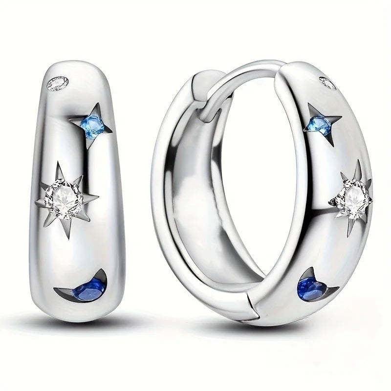 Elegant 925 Sterling Silver Sun Moon Stars Earrings Purple Zirconium Hoop Earring