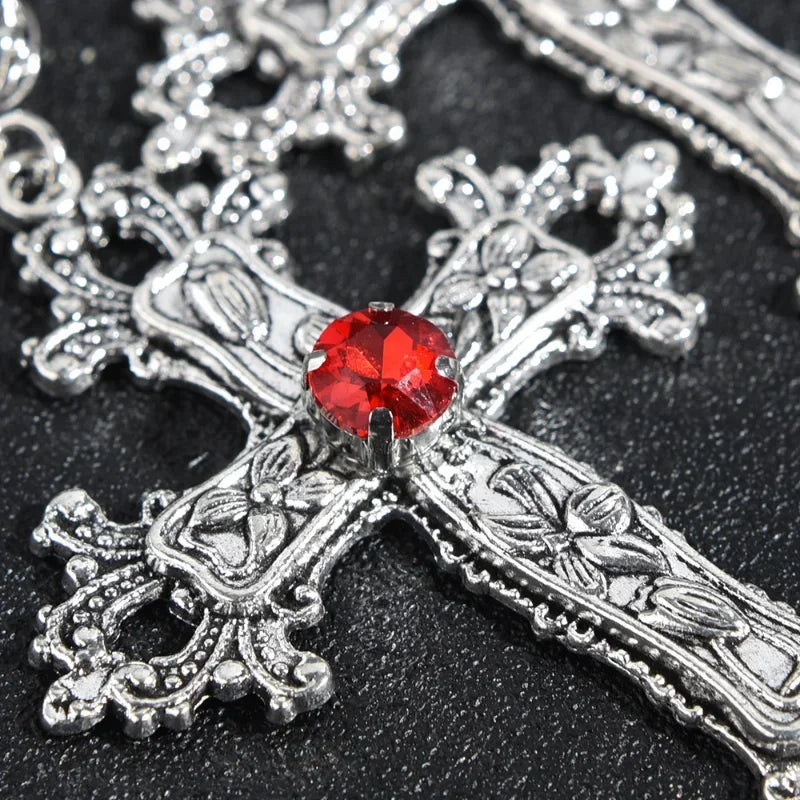 Punk Crystal Big Cross Pendant Necklaces for Women Men Gothic Irregular Cross Clavicle Chain Necklaces