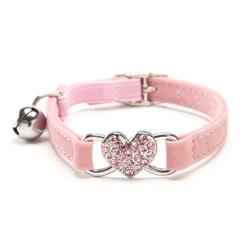 Heart Charm and Bell Cat Collar Safety Elastic Adjustable with Soft Velvet Material