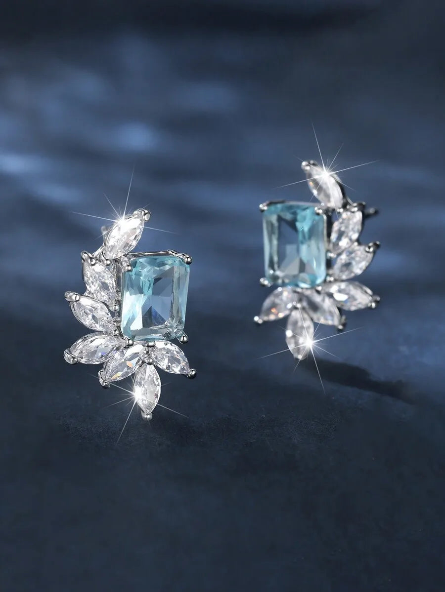 Sea Blue Rectangular Cubic Zirconia Leaf Design Elegant Earrings For Women