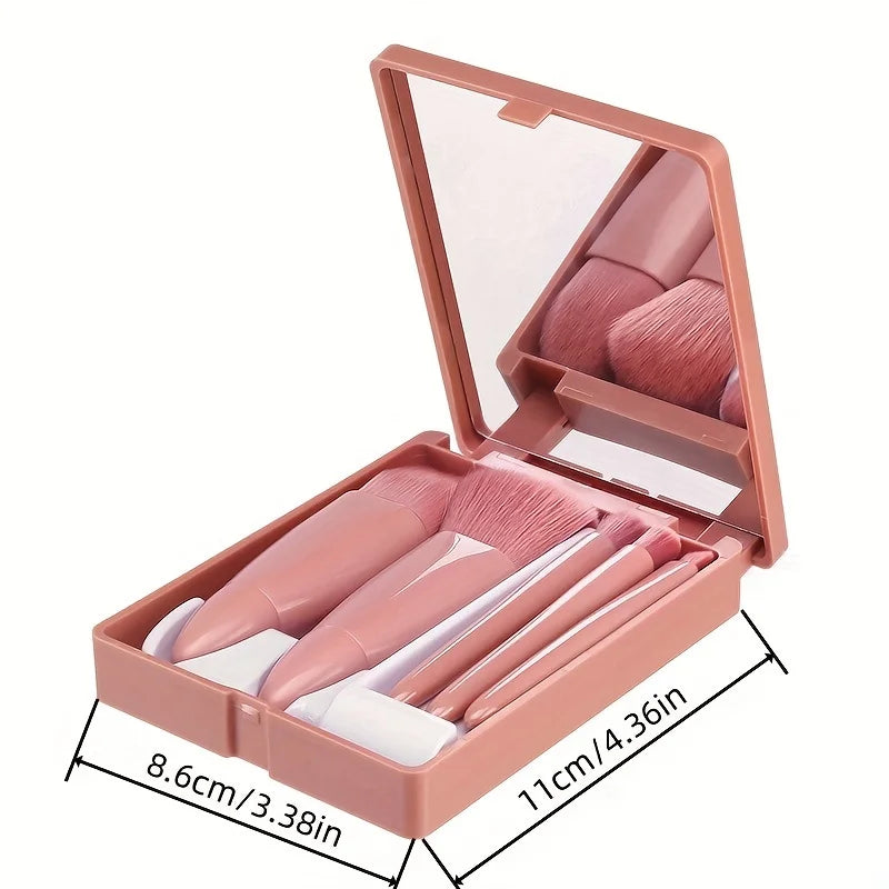 5Pcs Portable Makeup Brush Set With Mirror -  Foldable Travel Kit ，Mini Makeup Brush Set