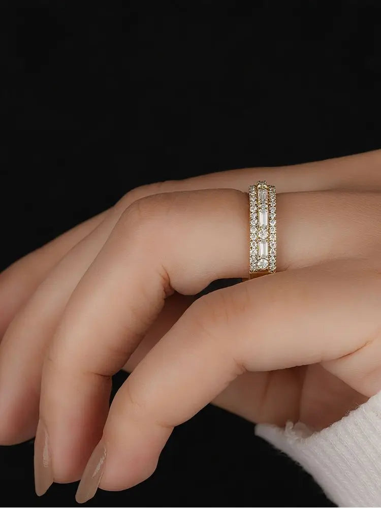 925 Sterling Silver Golden Simpe Rectangular Round Zircon Ring For Women