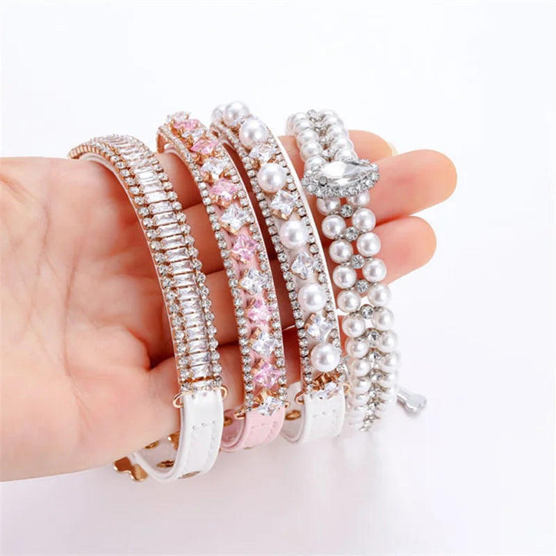 Luxury Cat Puppy Pearl Necklace Rhinestone Collar for Cats Small Dogs
