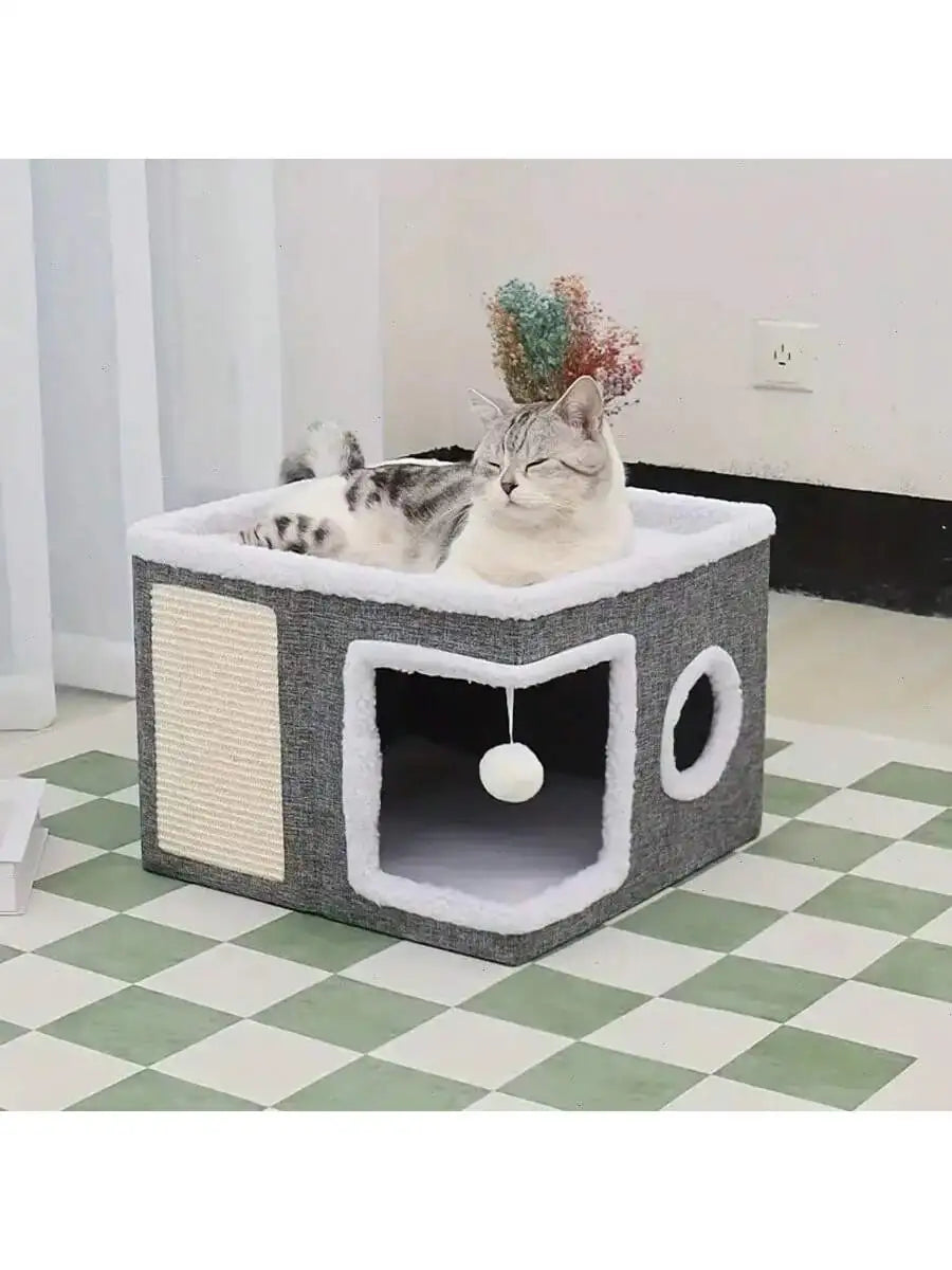 4-Season Multi-Level Cat House: Foldable Indoor Play Cube with 2-Layer Bed