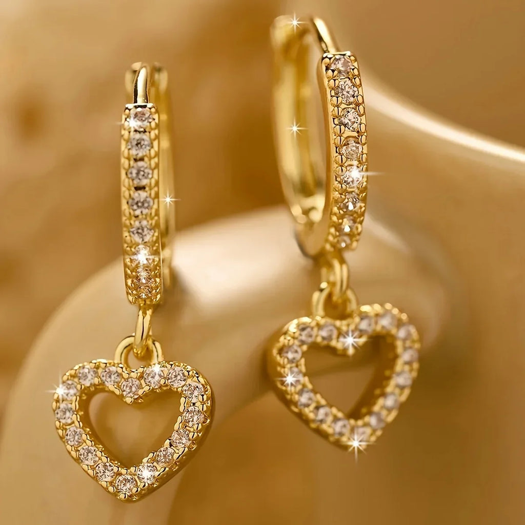 Gorgeous Heart Pendant Tassel Earrings with Full Sparkling Zirconia, Simple Style