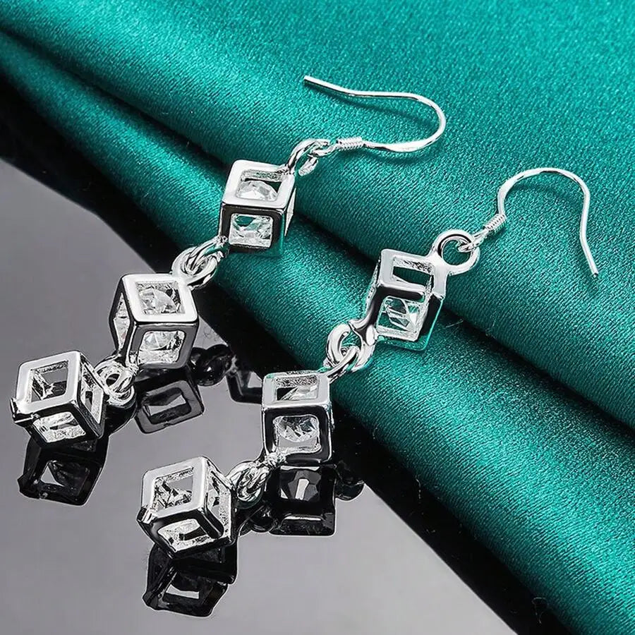 925 Sterling Silver Plated Earrings Fashion Jewelry Elegant Woman Crystal Lattice Drop Long Earrings