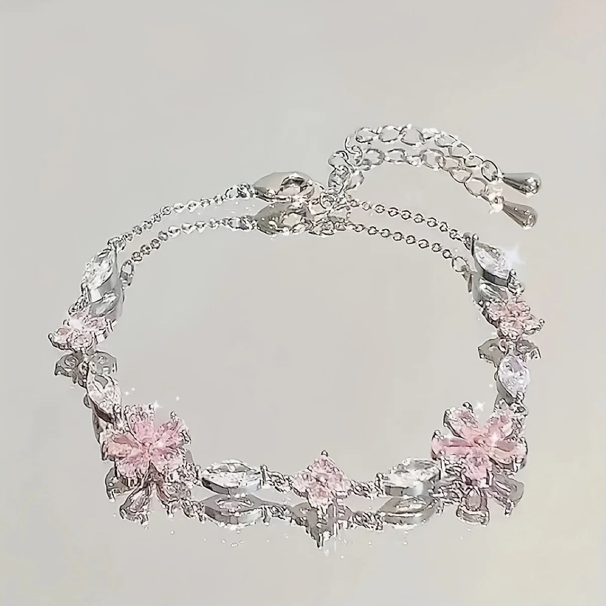 Ladies Pink Cherry Blossom Chain Bracelet, Stylish and Cute Exquisite Square Petal Cherry Blossom Bracelet Adjustable