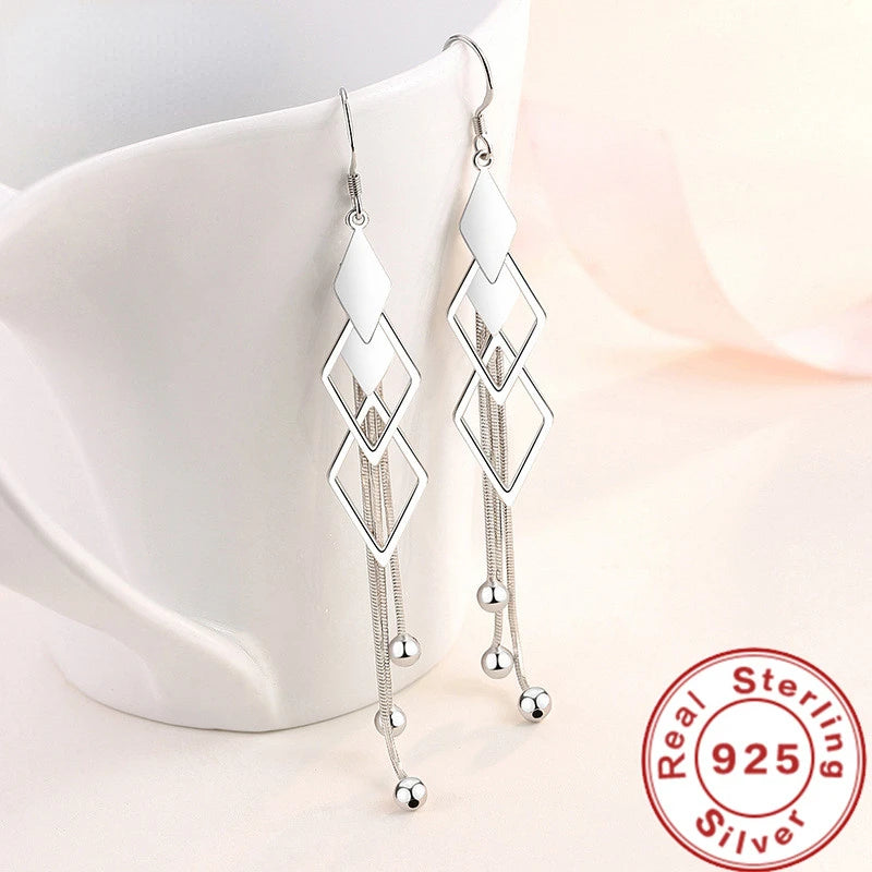 Fashion 925 Sterling Silver Long Earrings Diamond-Shaped