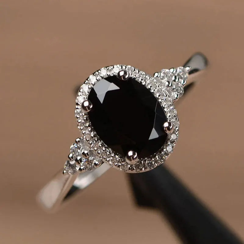Black Oval Zircon Ring for Women Silver Tone Halo Setting Sparkling CZ Inlaid Elegant Light Luxury