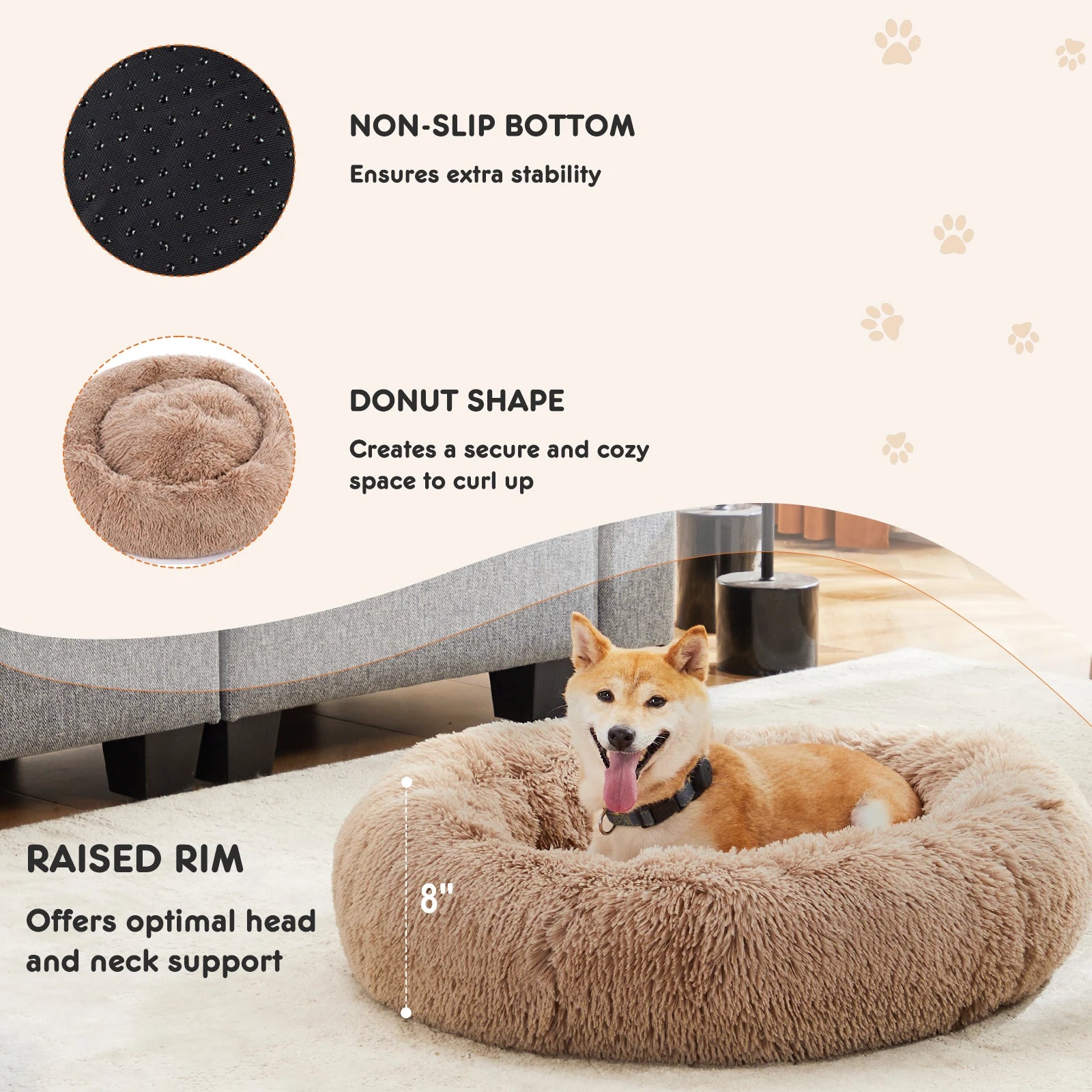 Calming Dog Bed for Medium to Large Dogs Washable Large Pet Bed Anti-Slip Round Fluffy Plush