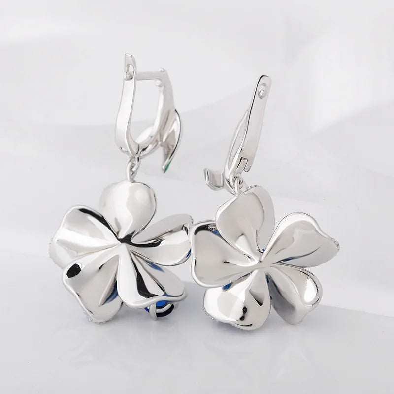 Beautiful 925 Sterling Silver Big Clip Earring Blue Enamel Flower Dangle Earring for Women