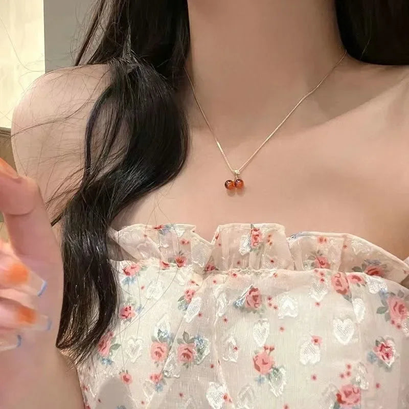 New Wine Red Cherry Gold Color Pendant Necklace For Women