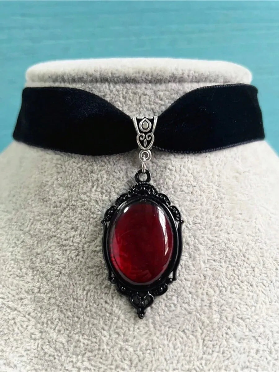 Handmade Black Velvet Gothic Choker Necklace With Red Resin Pendant