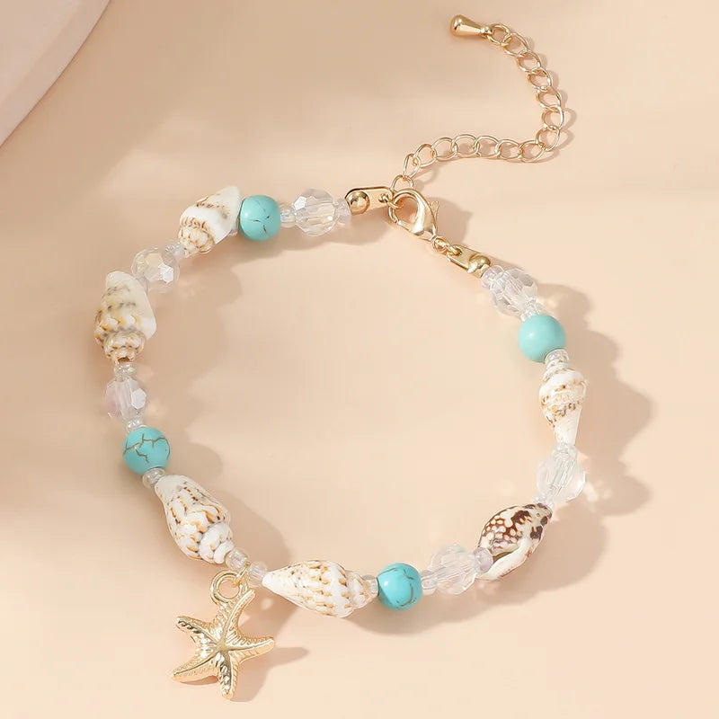 New Trend Starfish Conch Bracelet Anklets for Women Cute Adjustable Shell Rice Beads Ankle Bracelets
