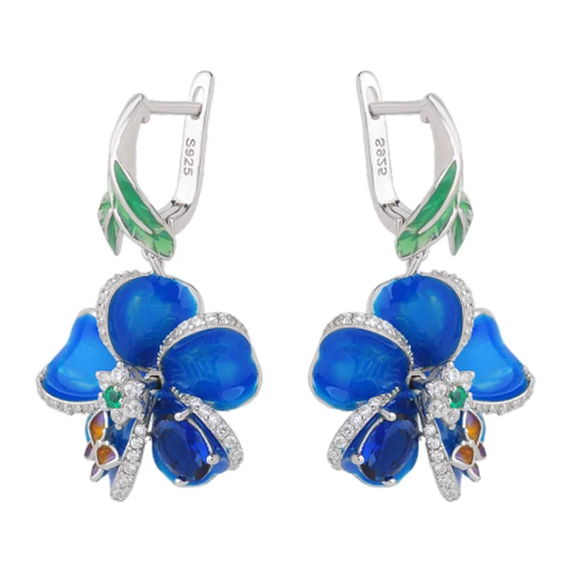 Beautiful 925 Sterling Silver Big Clip Earring Blue Enamel Flower Dangle Earring for Women