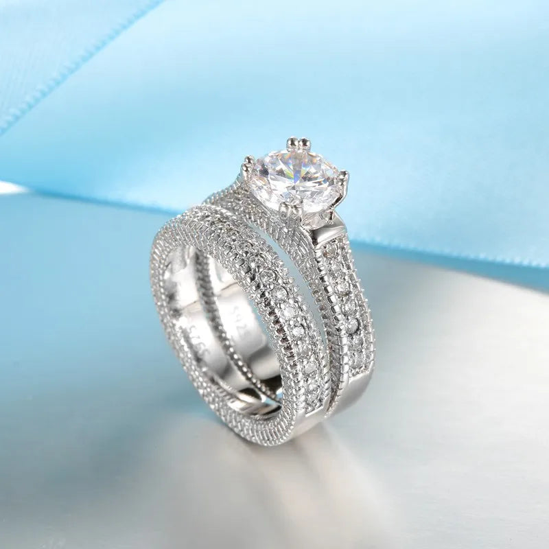 Elegant Ring Set 925 Sterling Silver Color With Full Shiny Cubiz Zircon Stone