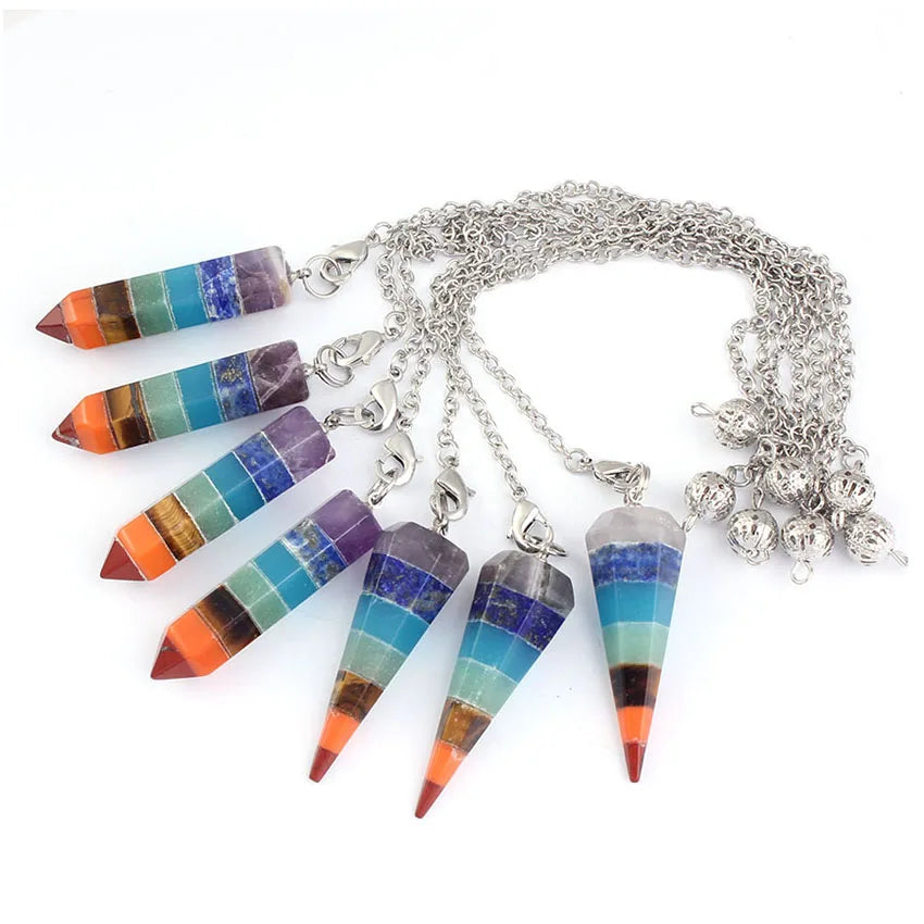 Natural Healing Crystal Quartz Hexagon Prism 7 Chakra Stone Layer Pendulum Pendant