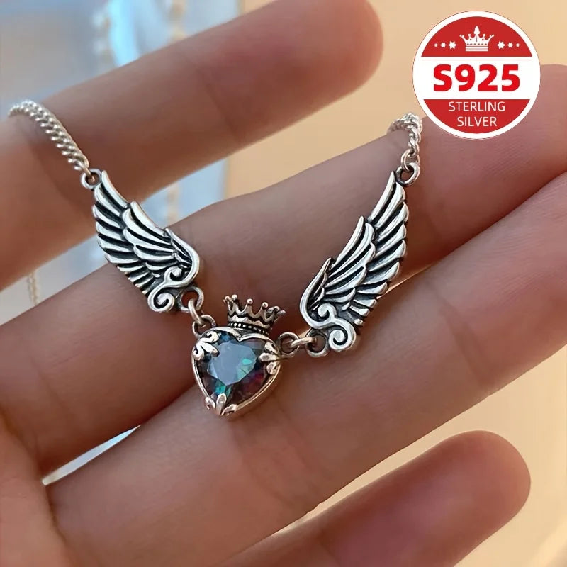 Beautiful S925 sterling silver retro old love crown wing necklace