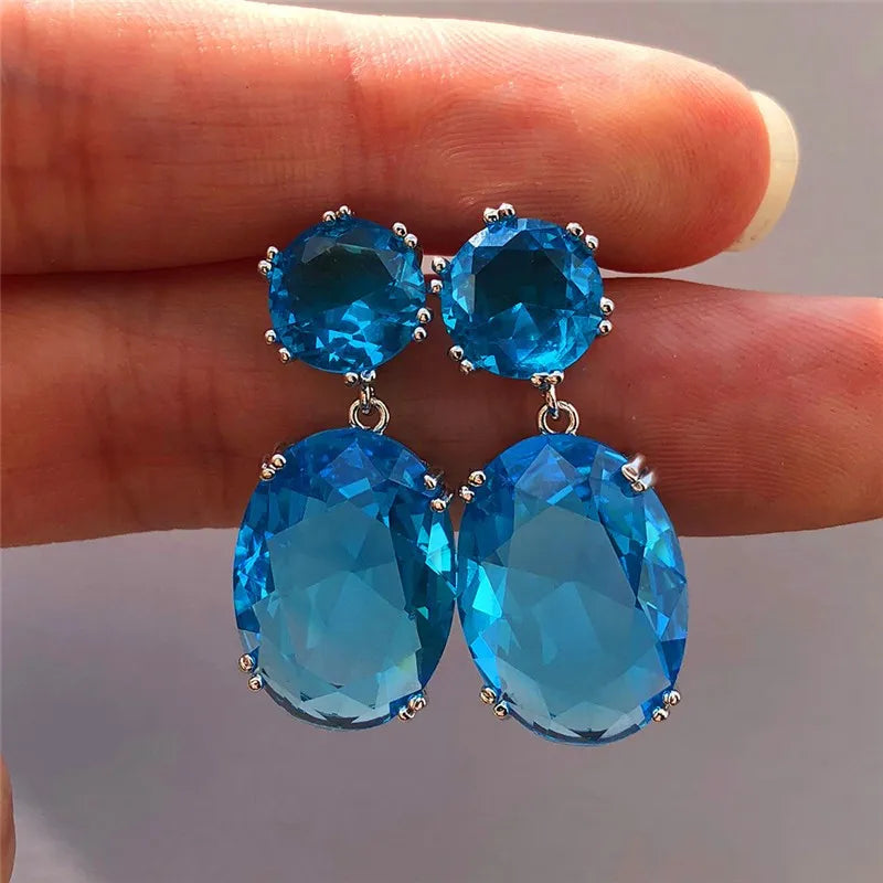 Fashion Jewelry Ladies Blue White Water Drop Shaped Crystal Rhinestone Zircon Metal Dangle Earring for Women