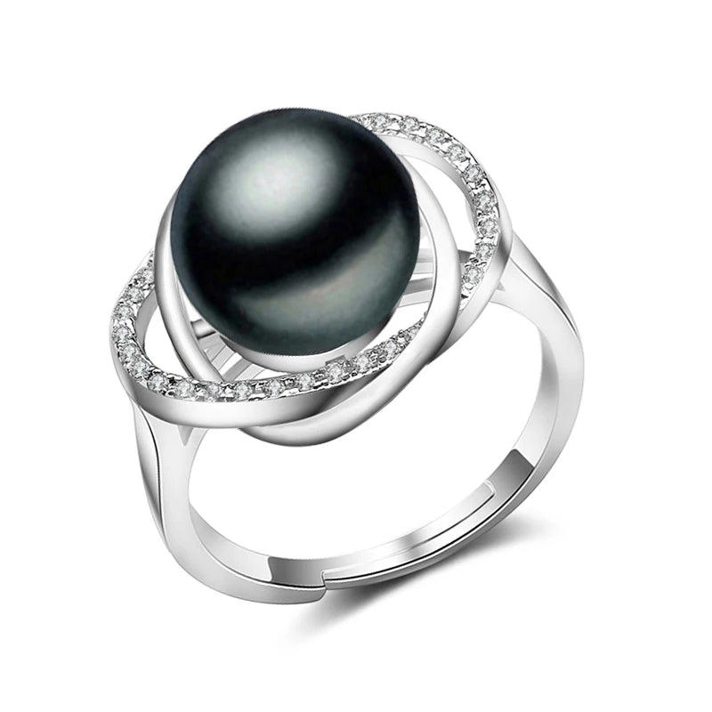 925 Silver Adjustable White Natural Freshwater Black Pearl Ring for Women, Cultured Natural Pearl Ring