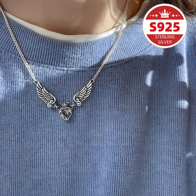 Beautiful S925 sterling silver retro old love crown wing necklace