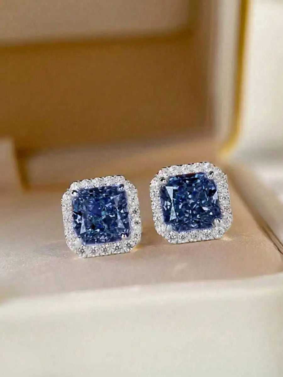 Square Cut Pink Cubic Zirconia Halo Stud Earrings For Women