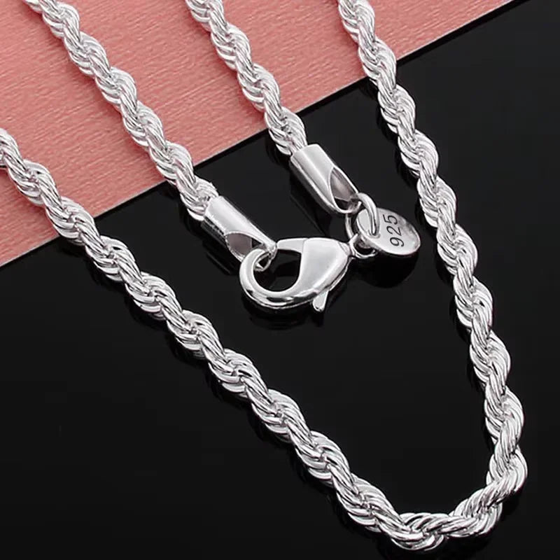 Hot Charms Fine 4MM Rope Chain 925 Sterling Silvery Necklaces for Woman and Men