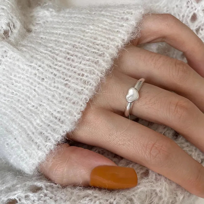 Lovely 925 Sterling Silver Ring For Women  Heart Stone Simple Open Vintage Handmade Ring Allergy For Party Birthday Gift