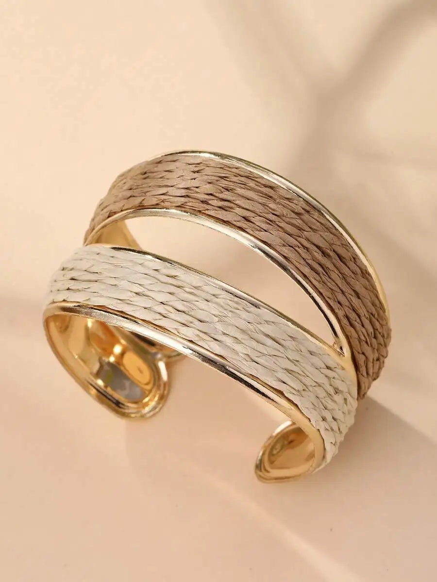 Handmade Bohemian Style Dual-Tone Open Bangle Bracelet, Exquisite And Textured