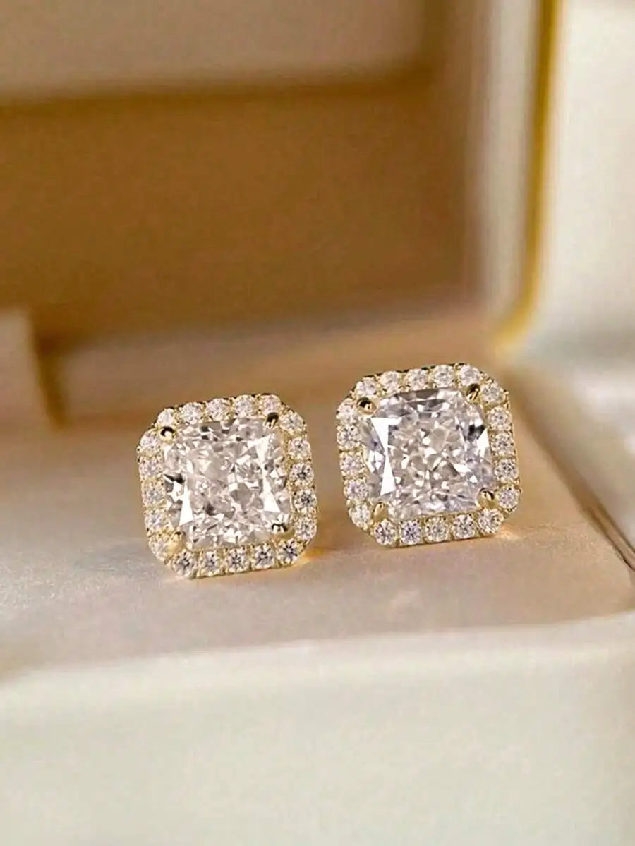 Square Cut Pink Cubic Zirconia Halo Stud Earrings For Women