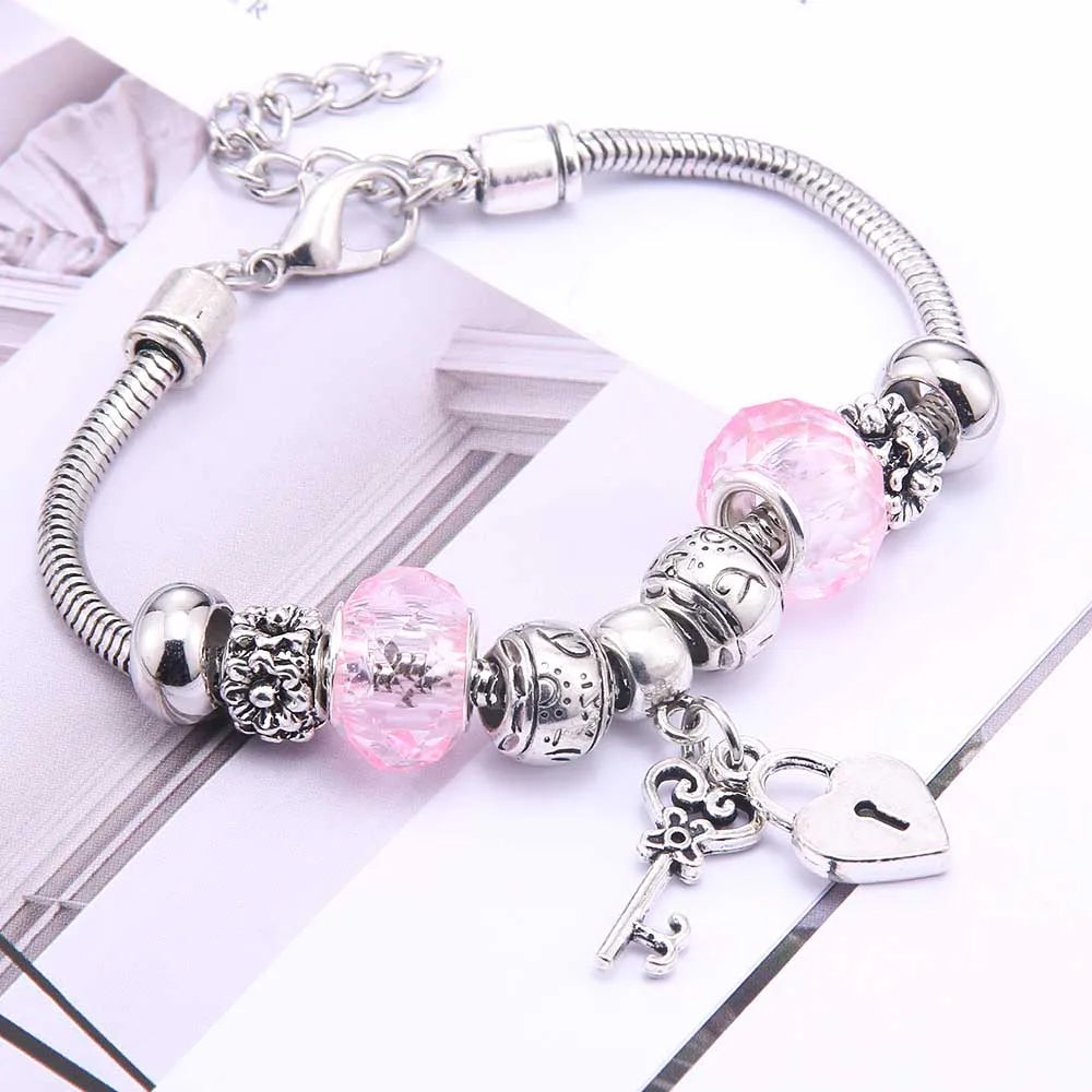 Pink Butterfly Charm Bracelet Snake Chain Lobster Clasp Beaded Bangle