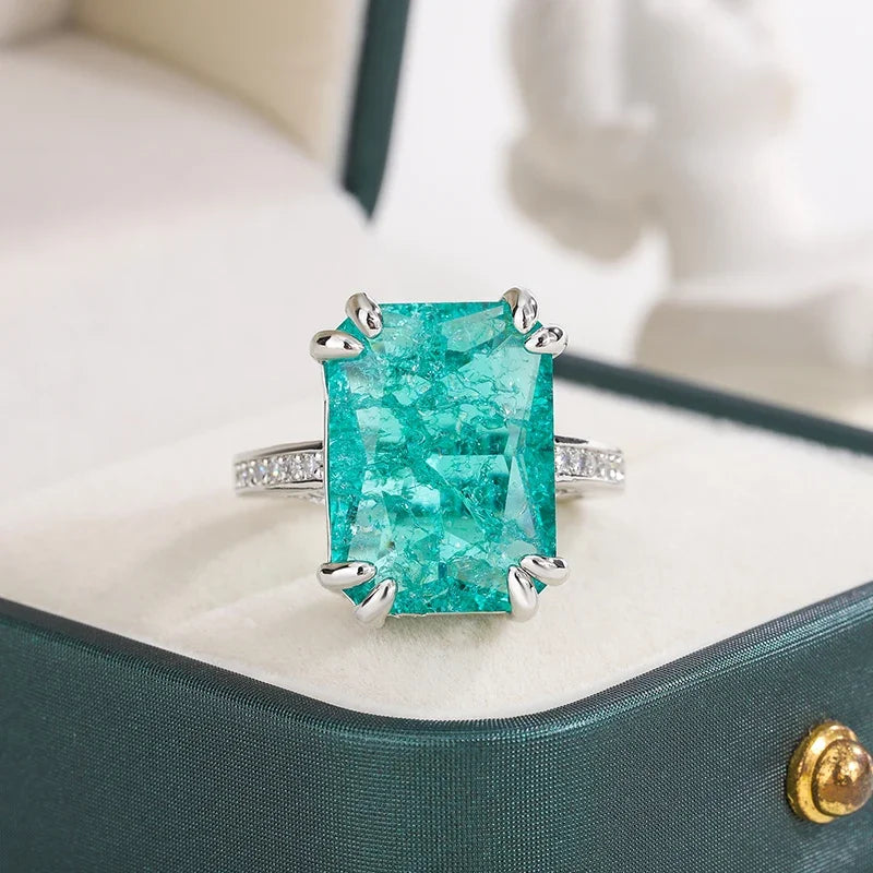 925 Silver Plated Exquisite Blue Green Moissanite Ring Fire Sparkling Luxury Open Ring