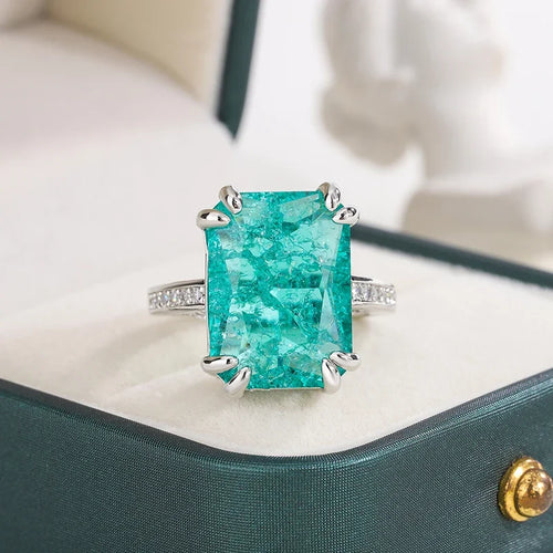925 Silver Plated Exquisite Blue Green Moissanite Ring Fire Sparkling Luxury Open Ring