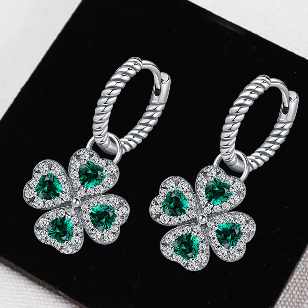 925 Sterling Silver Elegant Sparkling Lucky Clover Hoops Earring For Women