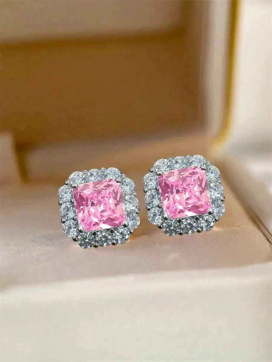 Square Cut Pink Cubic Zirconia Halo Stud Earrings For Women