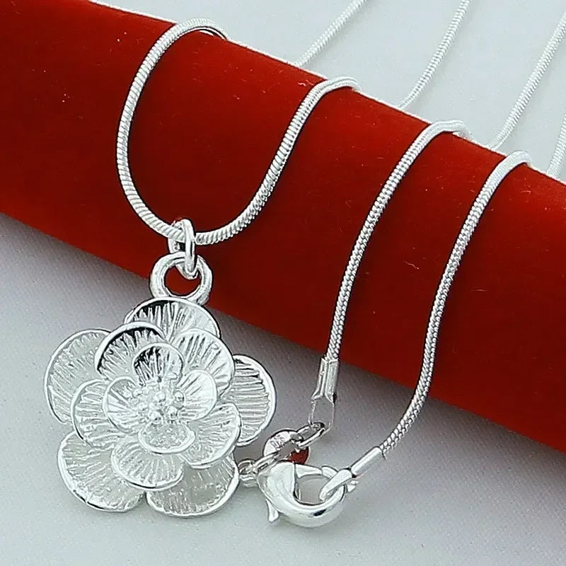 18/20-24/26/30 Inch Snake Chain For Women  Silver color Rose Flower Pendant Necklace