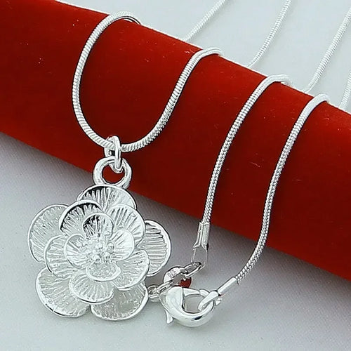 18/20-24/26/30 Inch Snake Chain For Women  Silver color Rose Flower Pendant Necklace
