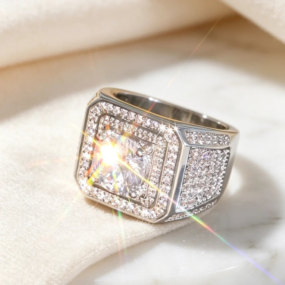 Elegant Men's Heavyweight Geometric Square Wide Ring with 3D Surrounding Shimmering Stone