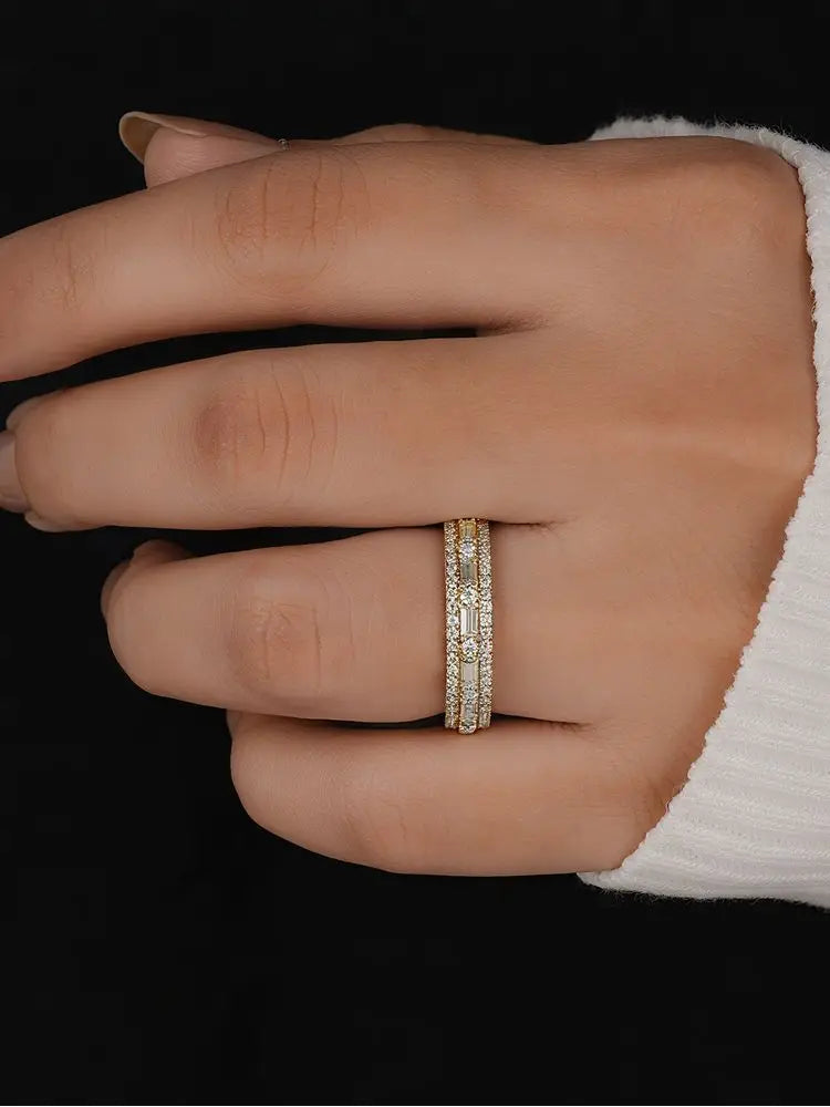 925 Sterling Silver Golden Simpe Rectangular Round Zircon Ring For Women