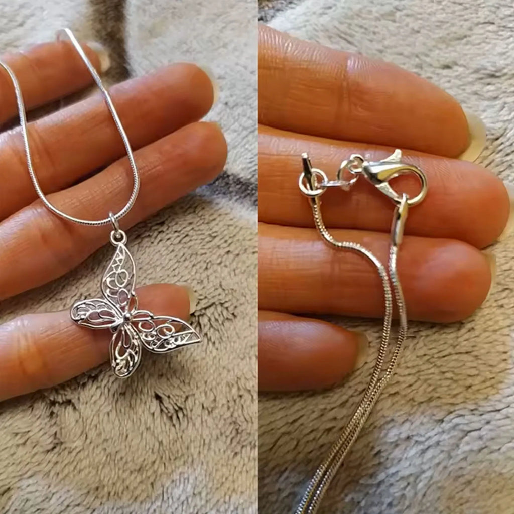 Elegant 925 Sterling Silver Butterfly Pendant Necklace Snake Chain For Women