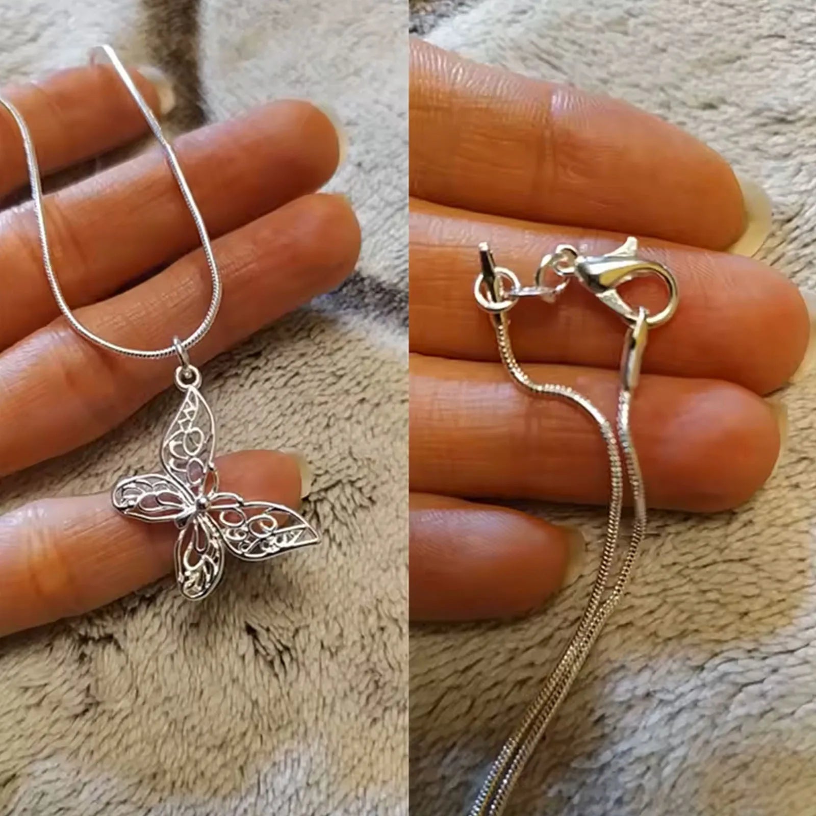 Elegant 925 Sterling Silver Butterfly Pendant Necklace Snake Chain For Women